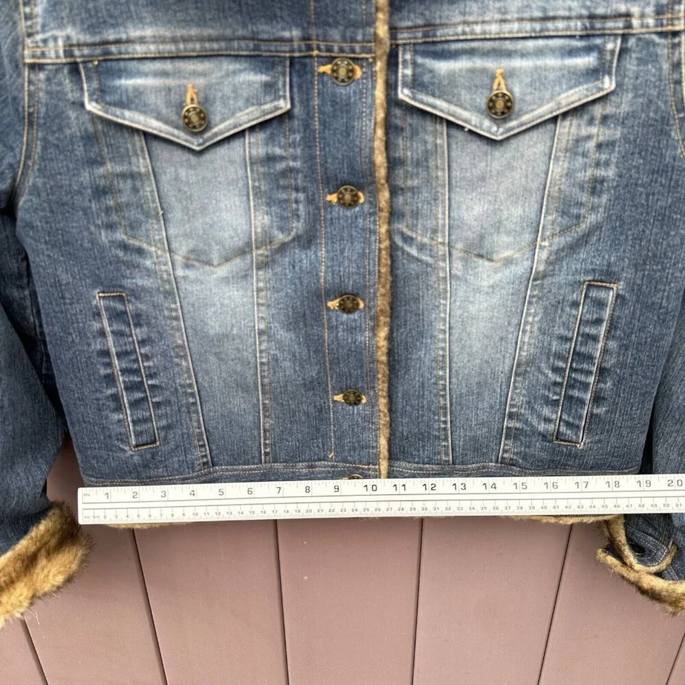 Vintage Marvin Richards Blue Denim Jean Jacket Faux Fur Lined Sz Medium 90s Y2K - Picture 8 of 14